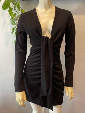 NWT Zara Black Long-Sleeve Tie-Front Mini Dress M